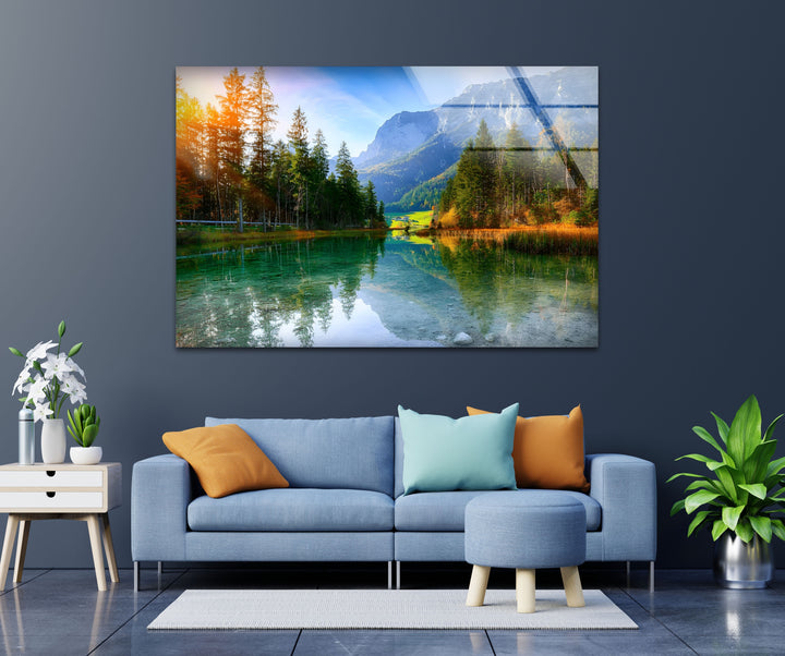 Tranquil Reflections – Alpine Lake and Mountain View Glass Wall Art