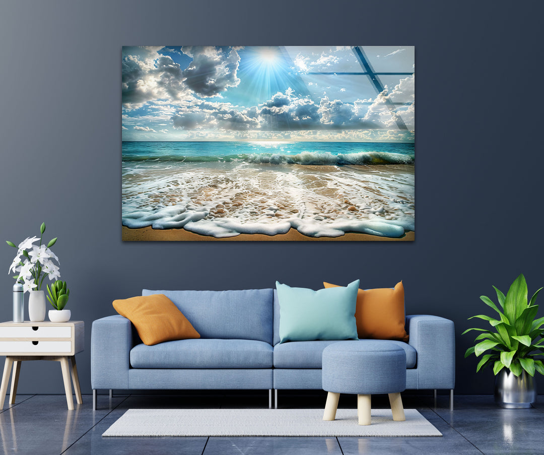 Sunlit Ocean Waves and Sandy Beach - Glass Wall Art