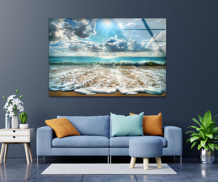 Sunlit Ocean Waves and Sandy Beach - Glass Wall Art
