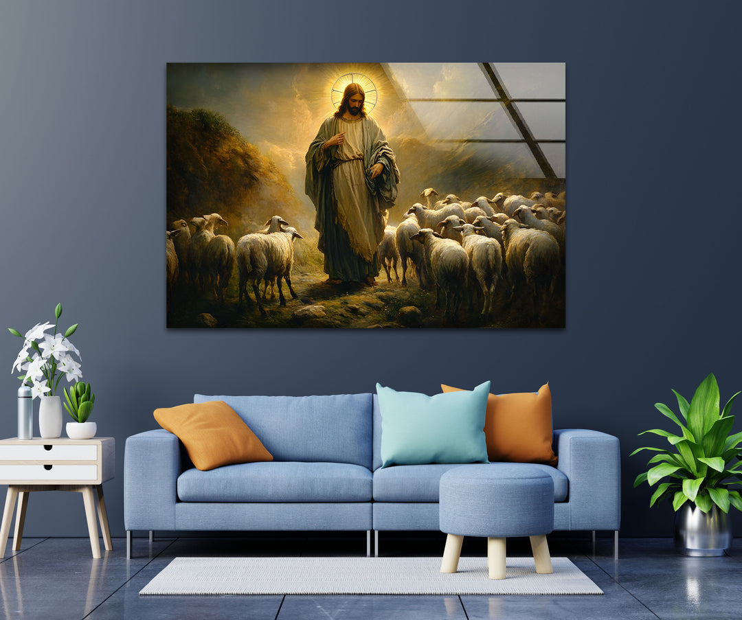 Der gute Hirte – Jesus mit Schafen – Wandbild aus Glas
