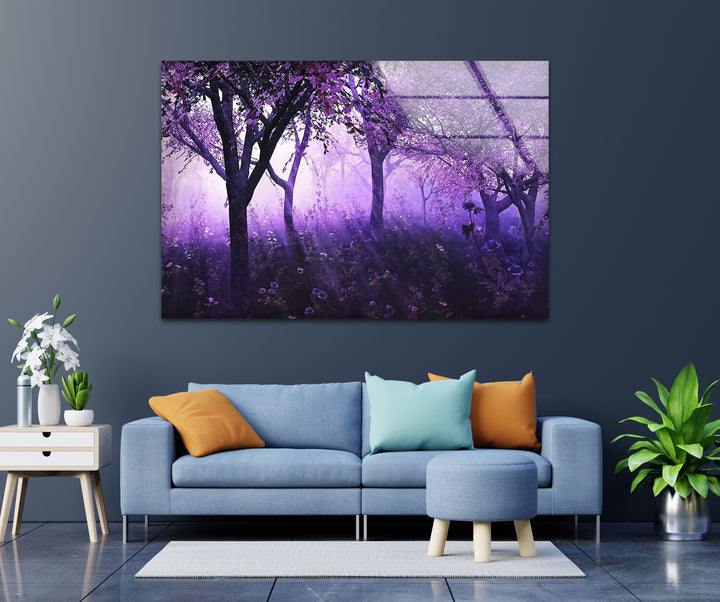 Mystic Purple Forest – Enchanted Trees with Lavender Light Glass Wall Art