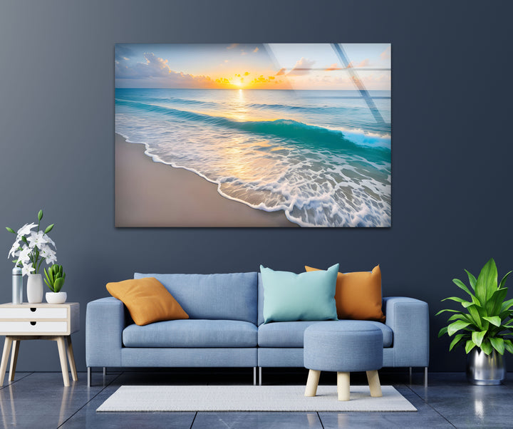 Serene Shoreline – Sunset Ocean Glass Wall Art
