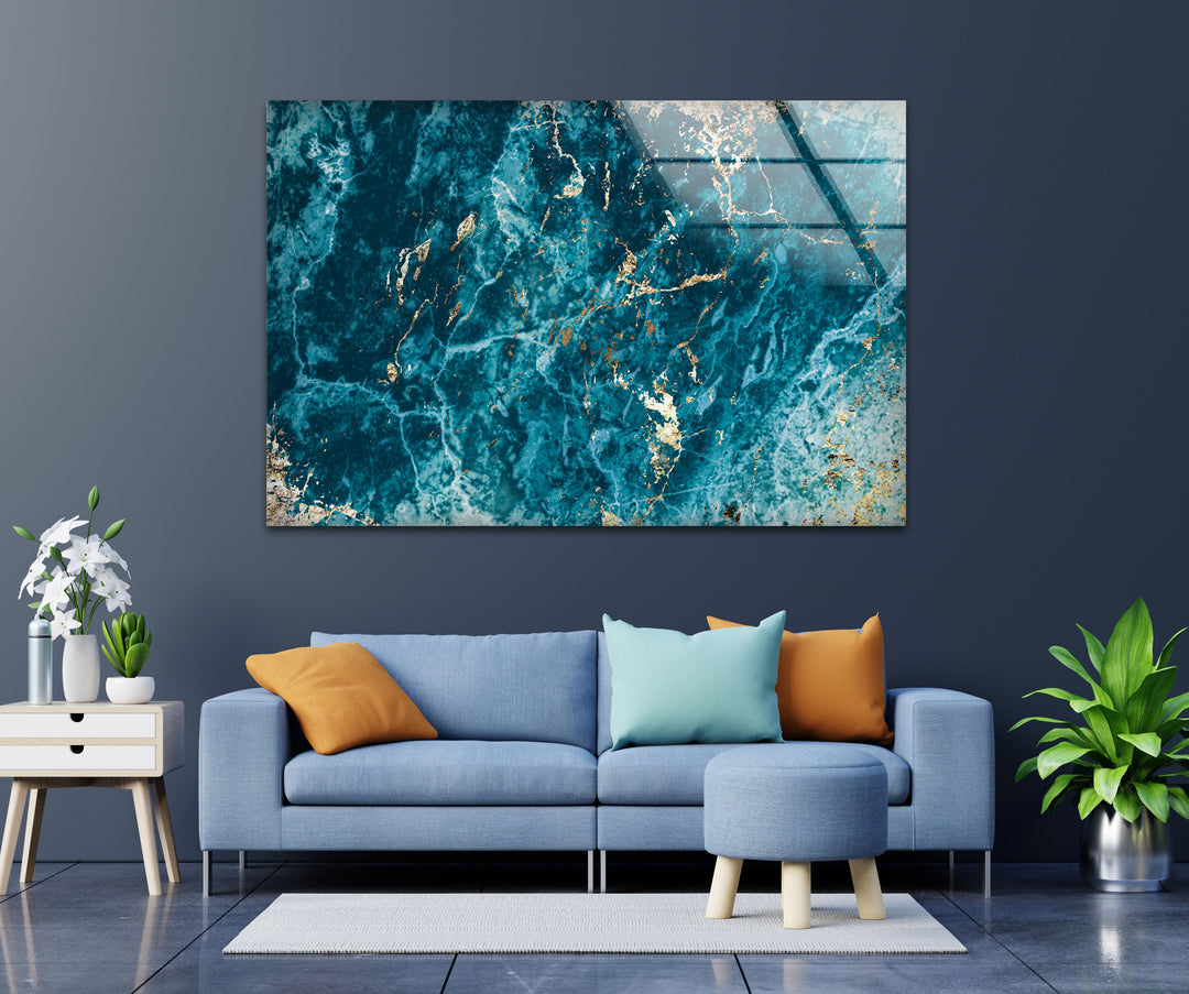Turquoise Veins – Deep Ocean Blue Glass Wall Art