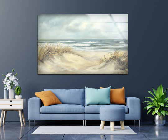 Highlighting the realistic detail, the Coastal Breeze serene beachscape features incredible glass printing techniques, vividly capturing soft waves and windswept dunes.