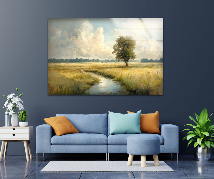 Goldene Wiese – Friedliches Feld mit einsamem Baum, Glaswandkunst