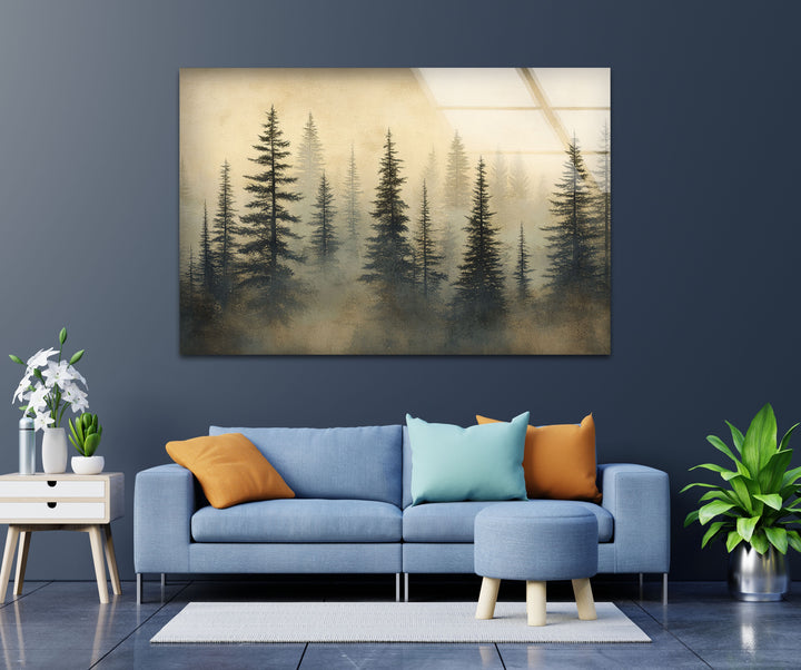 Whispers in the Pines – Misty Forest Scene Glass Wall Art