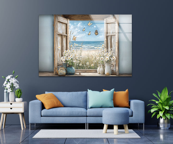 Butterfly Breeze – Window Flower & Ocean View Glass Wall Art
