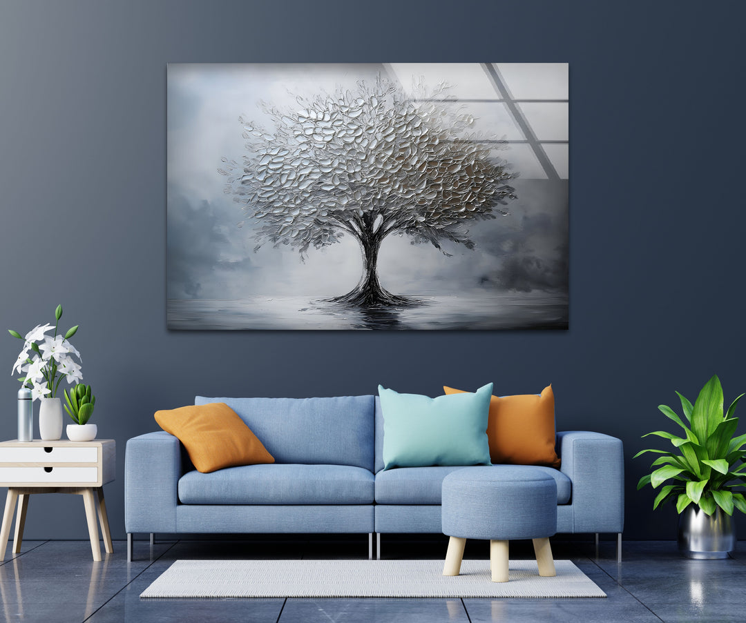Silver Serenity – Moderne strukturierte Baumglas-Wandkunst