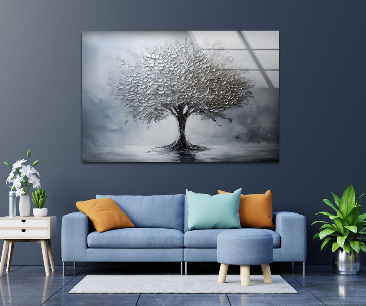 Silver Serenity – Moderne strukturierte Baumglas-Wandkunst