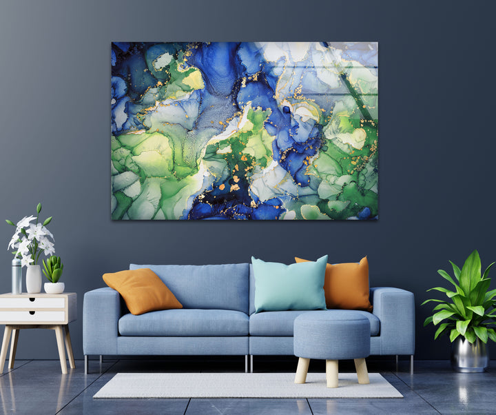Emerald Ocean Currents – Blue & Green Abstract Glass Wall Art