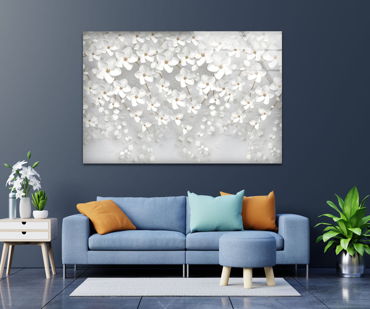 White Blossom Serenity – Elegant Floral Glass Wall Art