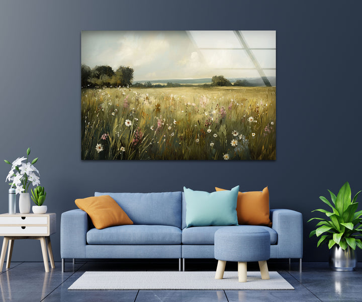 Golden Meadow Breeze – Wildflower Field in Soft Sunshine Glass Wall Art