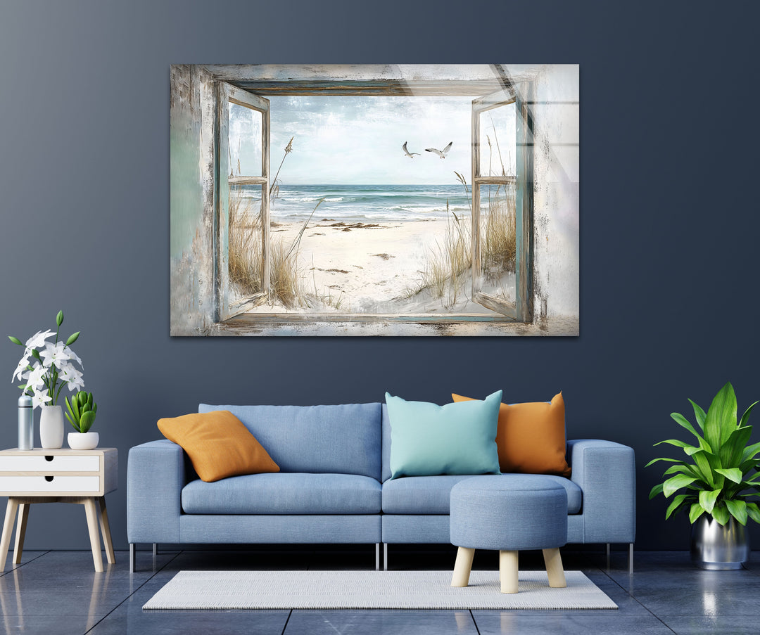 Seaside Freedom – Vintage Window View Glass Wall Art