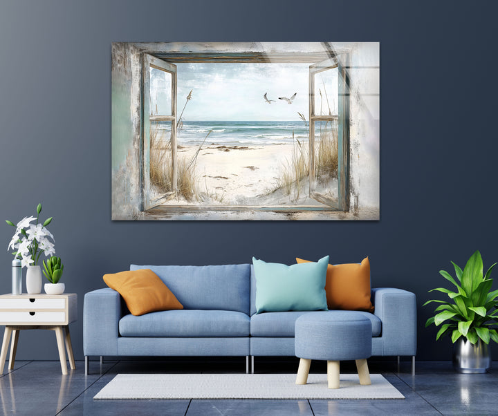 Seaside Freedom – Vintage Window View Glass Wall Art