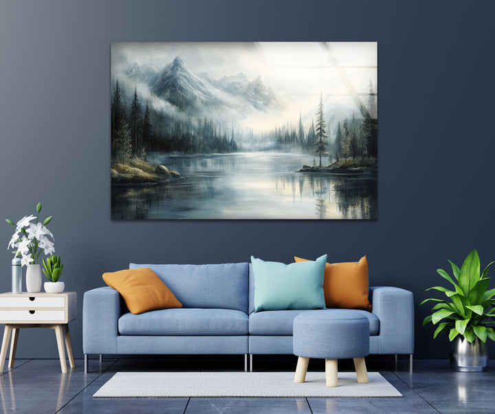 Whispering Pines – Misty Mountain Lake Glass Wall Art