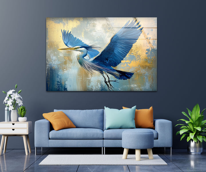 Wings of Sapphire – Blauer Reiher im Flug, Glaswandkunst