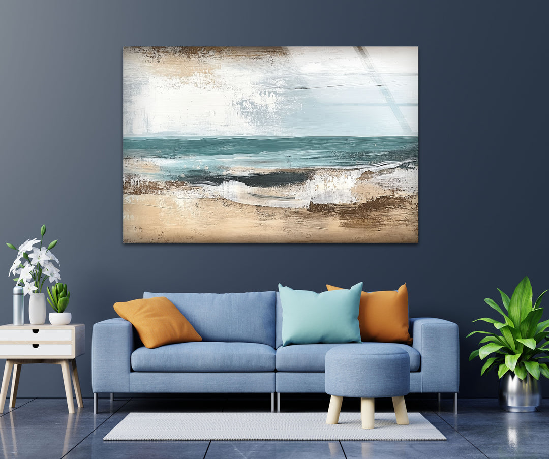 Tranquil Shoreline – Textured Coastal Horizon Glass Wall Art