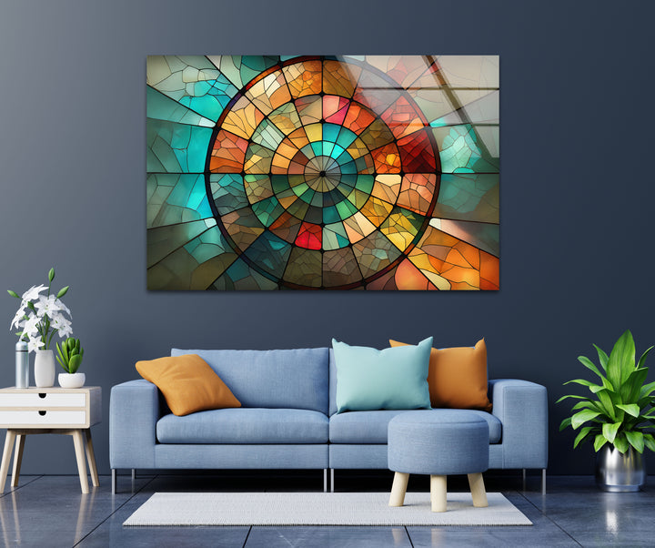 Rustikale Mosaik-Wandkunst aus Buntglas – Erdiges rundes Fensterdesign