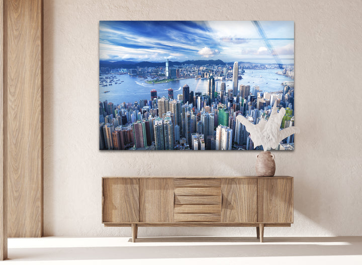 Glaswandkunst mit Skyline von Hongkong – Stadtbild und Hafenblick aus der Luft