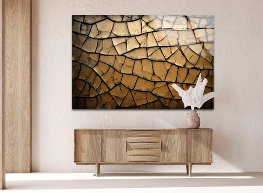Textured brown cracked abstract glass art offers a striking color contrast against a neutral background.
