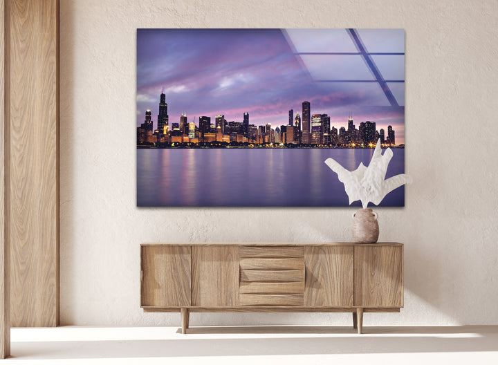 Glaswandkunst mit der Skyline von Chicago – Atemberaubender Blick auf die Innenstadt von Chicago bei Sonnenuntergang