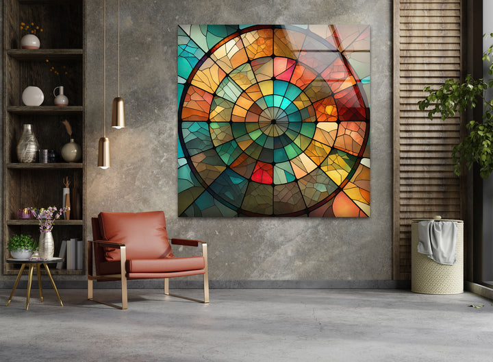 Rustikale Mosaik-Wandkunst aus Buntglas – Erdiges rundes Fensterdesign
