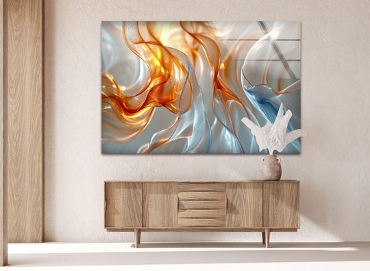 Deep, swirling layers of orange and blue flow in this striking piece of art from glass.