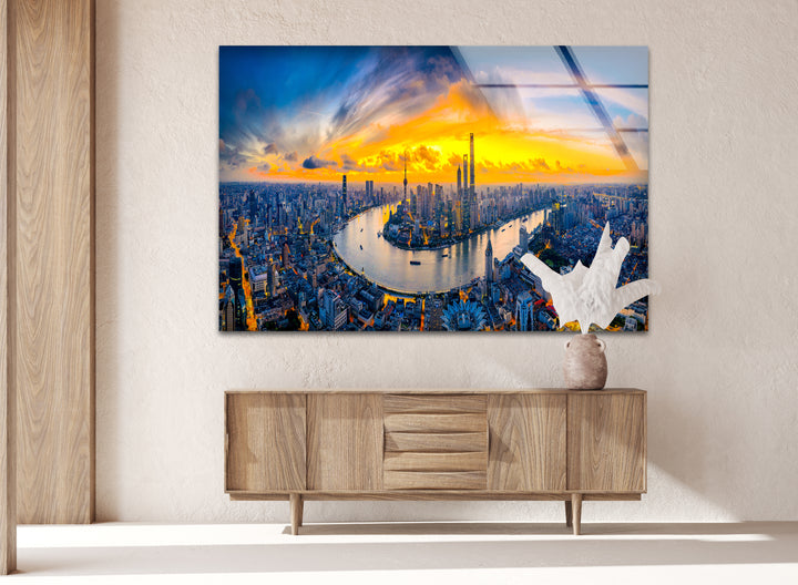 Glaswandkunst mit Skyline von Shanghai – Luftaufnahme des Stadtbilds bei Sonnenuntergang