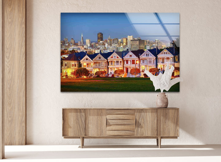 San Francisco Glaswandkunst – Painted Ladies &amp; Skyline der Stadt