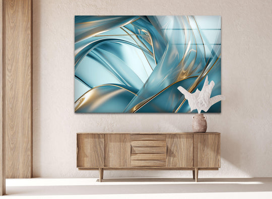 Realistic details of dynamic blue and gold abstract glass wall art prints.