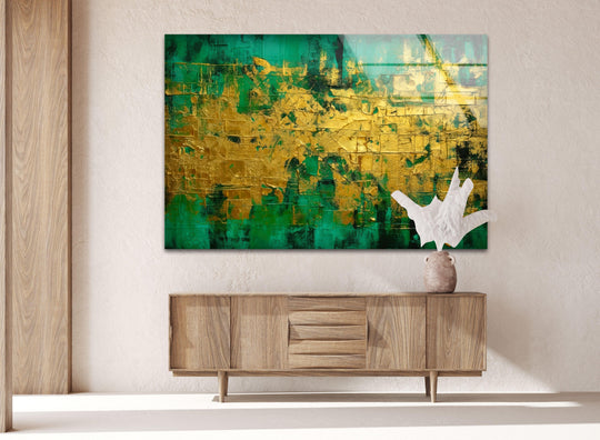 Textured green and gold abstract glass wall artwork creating a vibrant, luxurious statement piece.