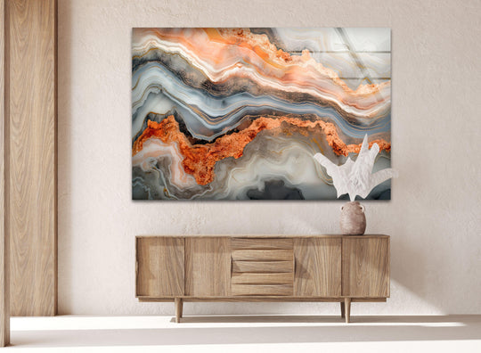 Orange marble veins abstract glass art painting showcasing intricate, polished textures and shimmering gold accents.