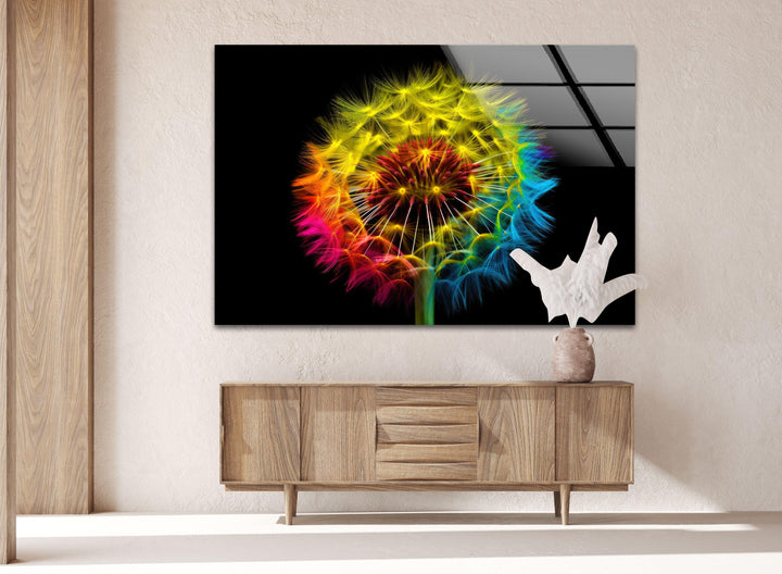 Colorful Dandelion Glass Wall Art, large glass photo prints, glass wall photos