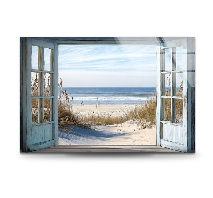 Ocean Breeze Escape – Open Window View Glass Wall Art