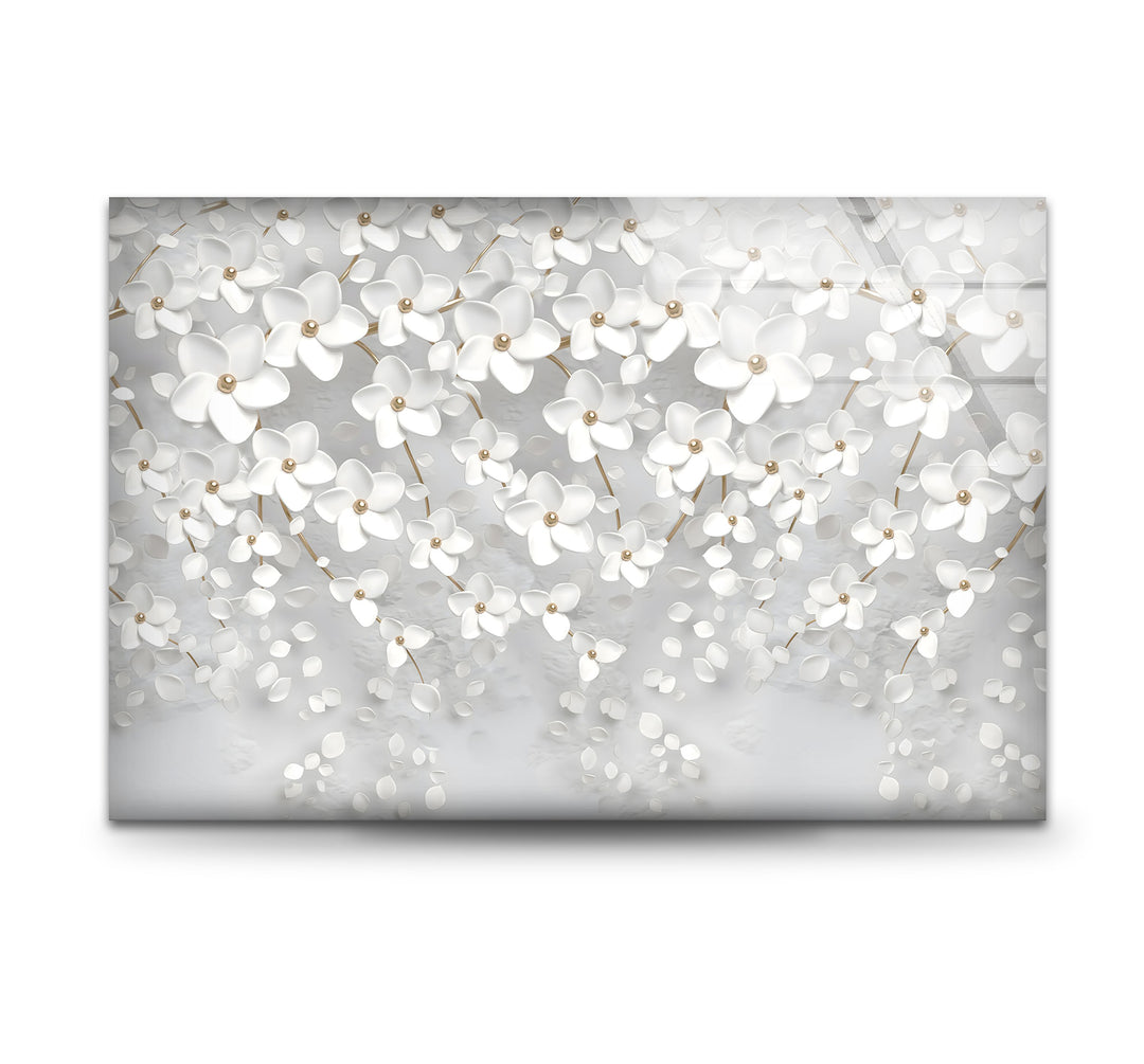 White Blossom Serenity – Elegant Floral Glass Wall Art