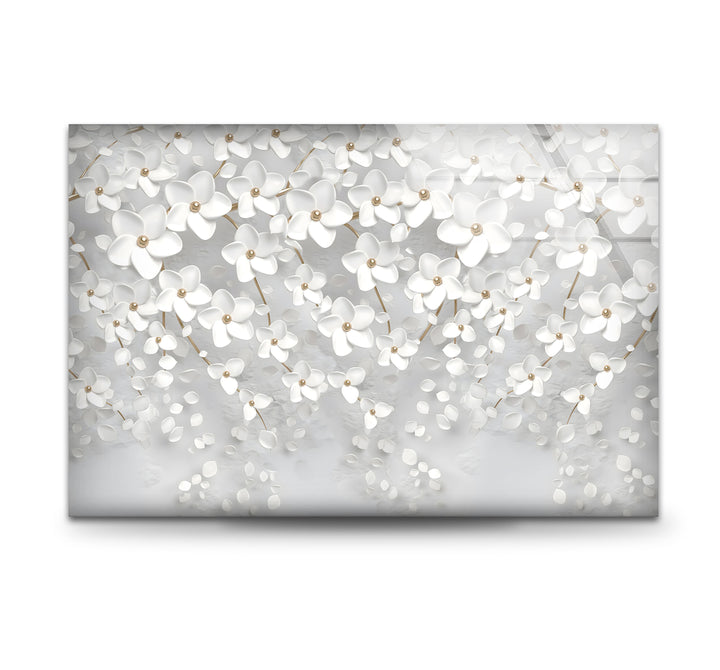 White Blossom Serenity – Elegant Floral Glass Wall Art
