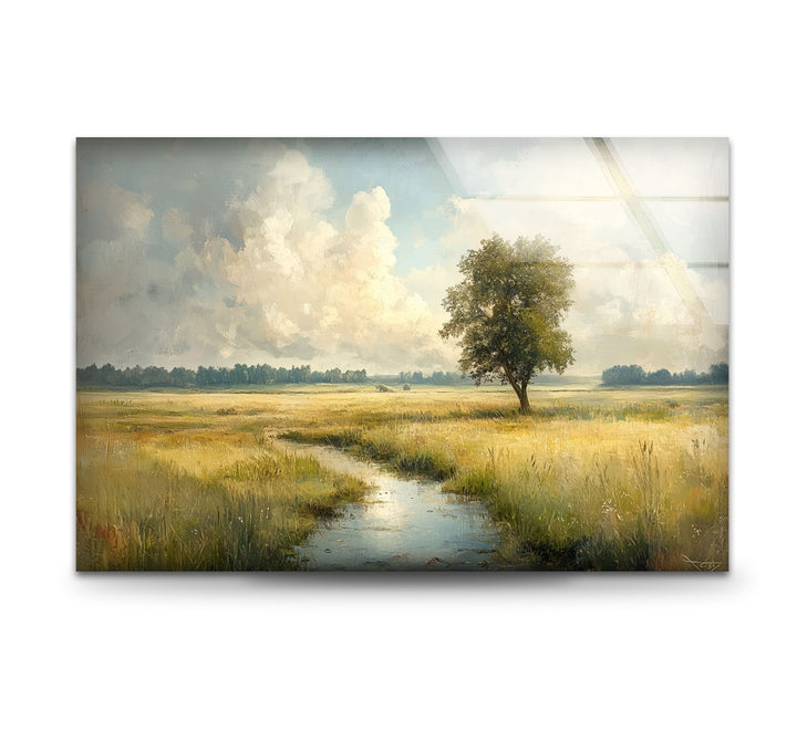 Goldene Wiese – Friedliches Feld mit einsamem Baum, Glaswandkunst