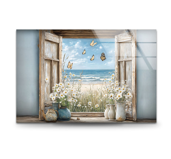 Butterfly Breeze – Window Flower & Ocean View Glass Wall Art