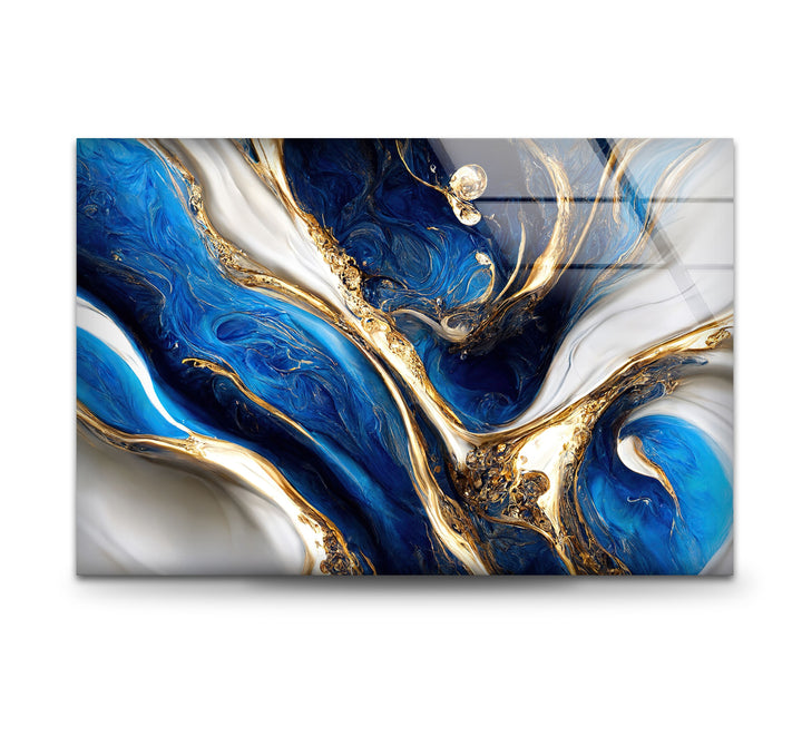Celestial Currents – Blue and Gold Abstract Glass Wall Art
