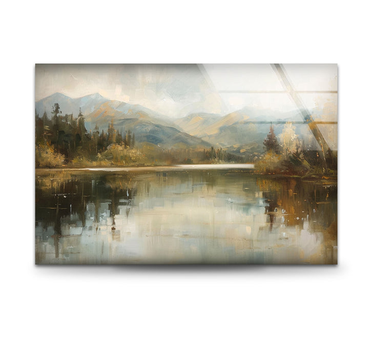 Tranquil Mountain Reflection – Misty Lake Scene Glass Wall Art