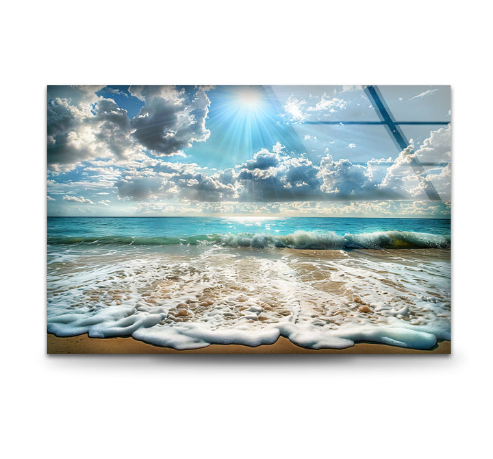 Sunlit Ocean Waves and Sandy Beach - Glass Wall Art