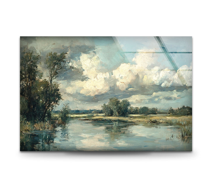Tranquil Reflections – Serene Countryside River Glass Wall Art