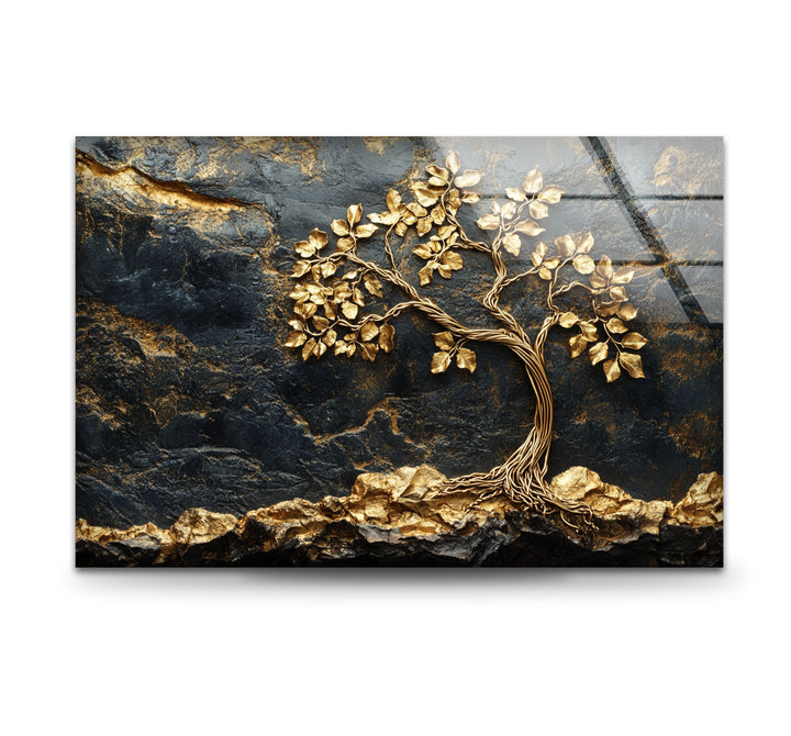 Golden Roots Tree – Strukturierte Luxus-Wandkunst aus Glas