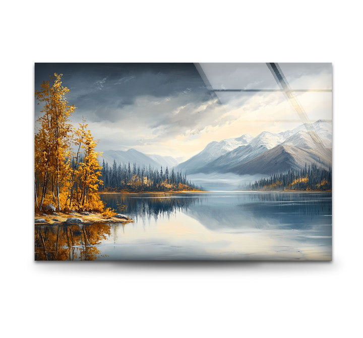 Snow-Capped Mountains and Autumn Trees - Glass Wall Art