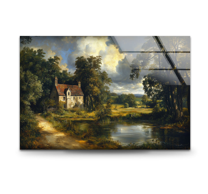 Cottage by the Pond – Vintage Countryside Landscape Glass Wall Art