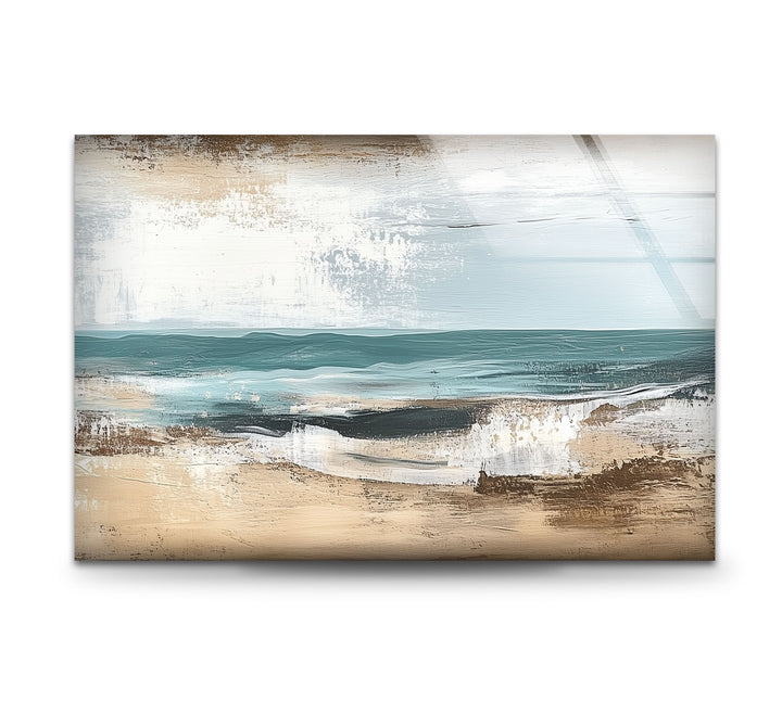 Tranquil Shoreline – Textured Coastal Horizon Glass Wall Art