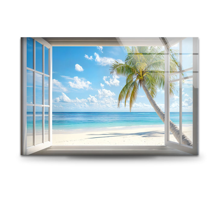 Tropical Escape – Palm Tree Ocean View Glass Wall Art