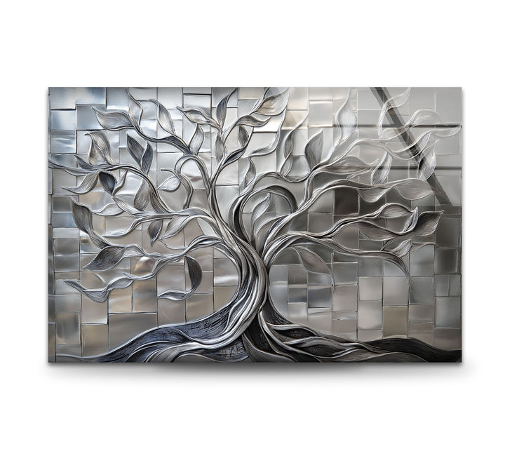 Radiant Silver Tree – Geometric Tile Design Glass Wall Art