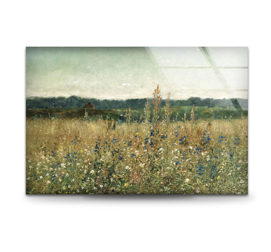 Emphasizing the abstract quality, this wildflower meadow glass wall art dissolves into a textured landscape of impressionistic color, a piece of decorative wall art offering pastoral tranquility.