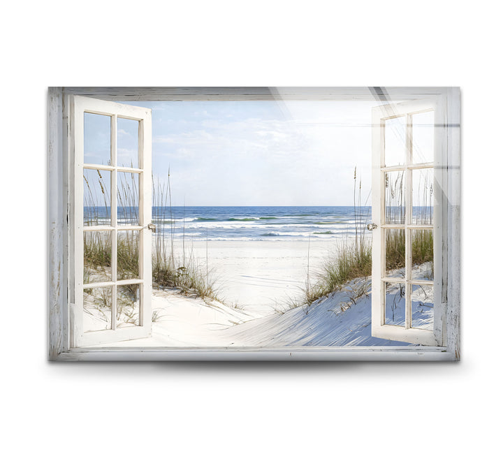 White Sands Serenity – Open Window Coastal Glass Wall Art